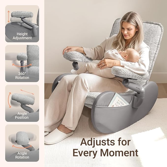 MAMAZING Lullabud Nursery Rocking Chair Glider with Adjustable Armrests for Breastfeeding, Upholstered Nursing Chair with Removable Cover (Grey/Grey)