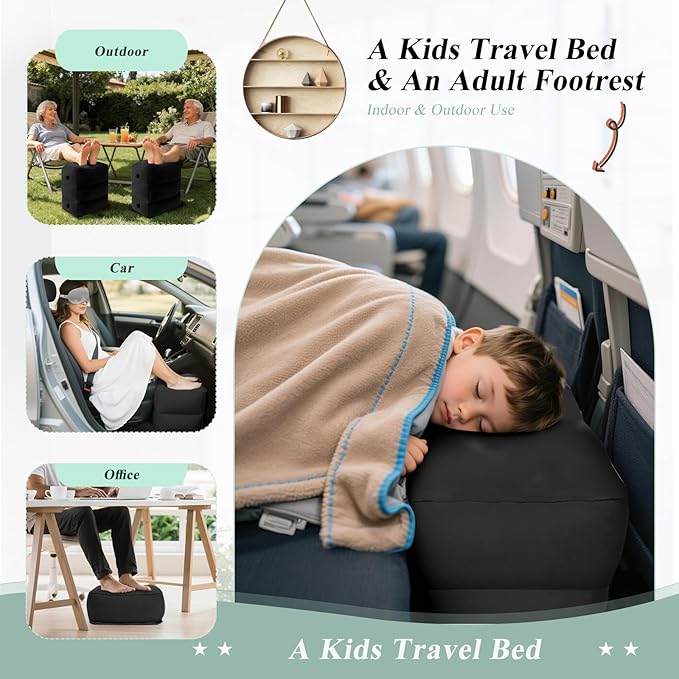 TheClover Airplane Foot Rest for Long Flight - Inflatable Foot Rest for Under Desk,Kids Car Foot Rest Bed,Portable 3-Height Foot Cushion,Lightweight Travel Leg Rest for Airplanes,Trains,Office & Home