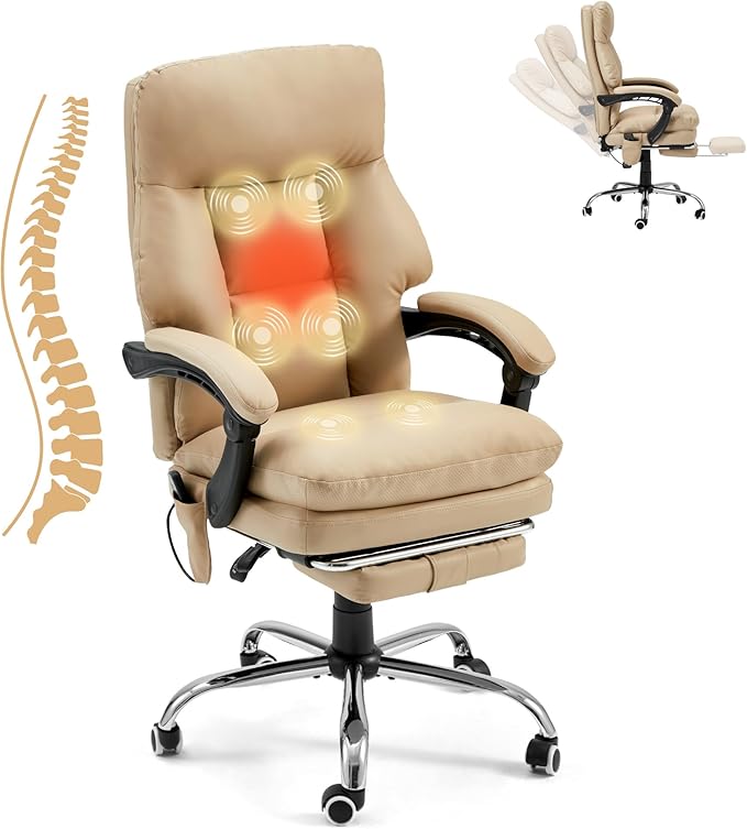HOMREST Ergonomic Office Chair with 6-Point Massage & Heating, Adjustable Executive Desk Chairs, Retractable Footrest, Dual-Layer Soft Cushion, PU Leather, Khaki