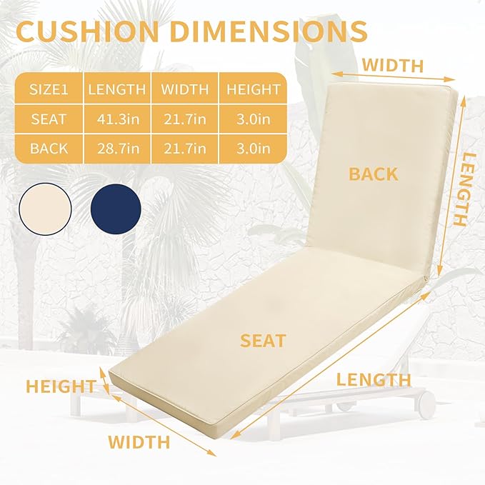 Outdoor Chaise Lounge Cushions for Patio, 72"x22"x3" Lounge Chair Cushions Set of 2, Waterproof Replacement Seat Cushions for Outdoor Furniture