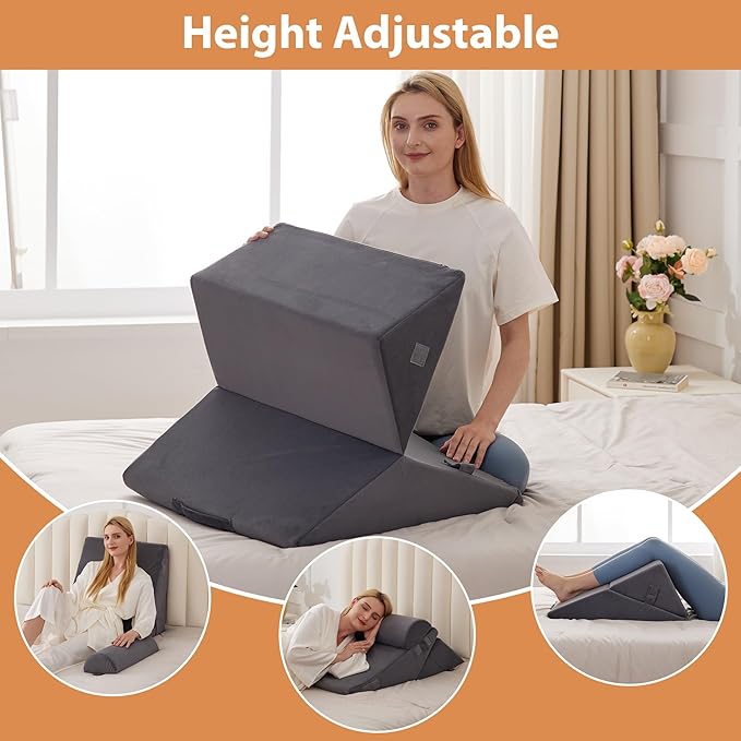 3PCS Wedge Pillow for Acid Reflux Relief, Adjustable Wedge Pillow Headboard, Bed Wedges Pillow for Back Pain Relief, Sleeping, Post Surgery, Back Support Pillows for Sitting Up, Snoring, Plush Grey