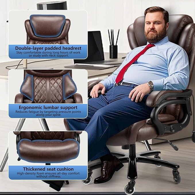 Big and Tall Office Chair 800lbs- High Back Executive Computer Chair for Heavy People with Adjustable Lumbar Support and Quiet Wheels- Large Desk Chair for Home Office