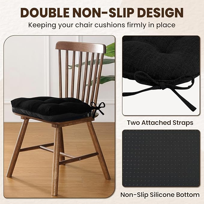 downluxe Indoor Chair Cushions for Dining Chairs, Tufted Overstuffed Textured Kitchen Chair Pads with Ties and Non-Slip Backing, 15.5" x 15.5" x 4", Black, 6 Pack