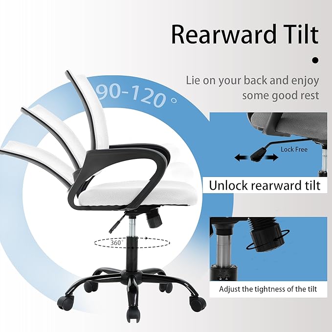 Home Office Desk Chair - Space-Saving Mesh Back with 360° Swivel & Height Adjustable (Easy Assembly), PVC Base, White