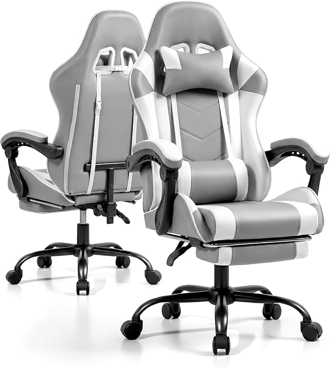 Gaming Chair, Ergonomic Computer Chair with Footrest and Lumbar Support, Height Adjustable Office Chair with 360° Swivel Seat and Headrest (White)