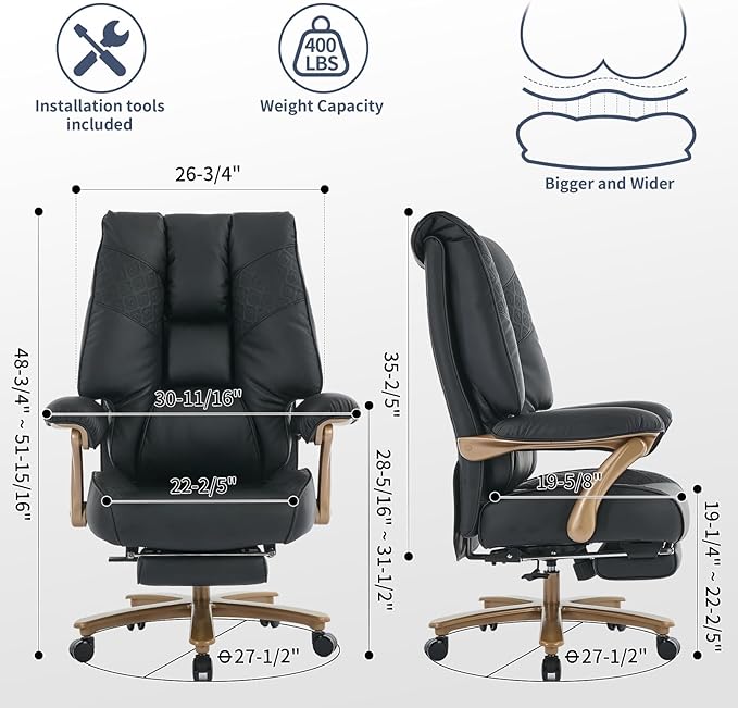 EXCEBET Big and Tall Executive Office Chair with Footrest, 400LBS Capacity Ergonomic High-Back Desk Office Chair with Lumbar Support, Padded Armrests & Thick Cushion, Black PU Leather Chairs