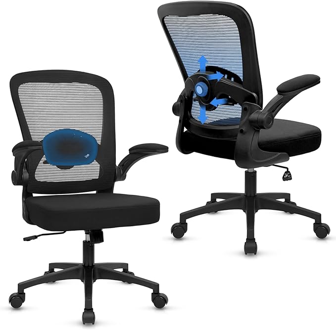 KLASIKA Desk Chairs with Wheels, Ergonomic Mesh Back Home Office Chair Adjustable Lumbar Support and Height Swivel Rolling Computer Task Chairs with Flip Up Armrests for Conference Meeting, Black, 2PK