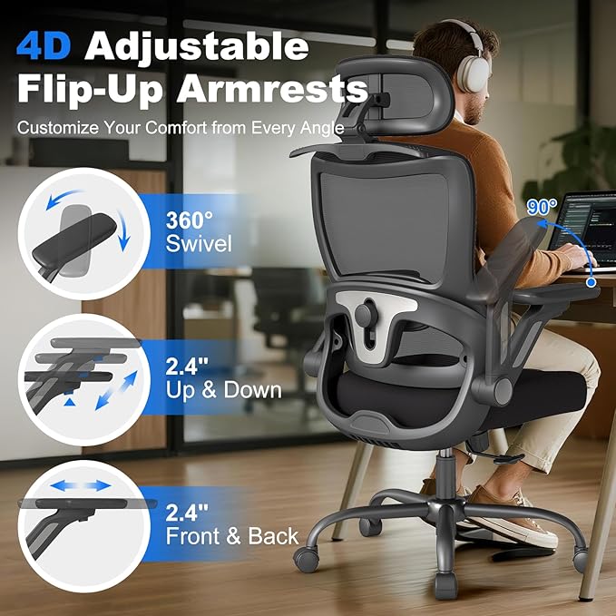 Ergonomic Office Chair, Home Computer Chair with 3D Adjustable Headrest and 4D Flip-Up Armrests, Adjustable Lumbar Support, Suitable for Office and Study, Black