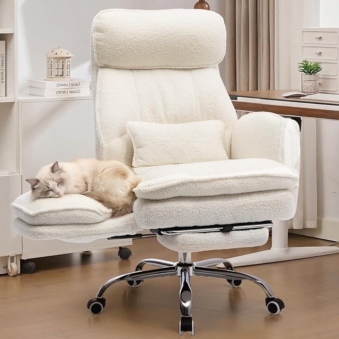 Big and Tall Office Chair with Flip Armrests, Cross Legged Office Chair with Storage Pockets, Comfortable Reclining Computer Chair with Foot Rest, Wide Home Desk Chair, Teddy Fleece, Cream