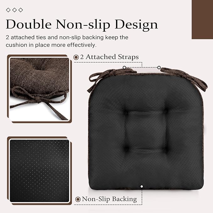 Wellsin Chair Cushions for Dining Chairs, Non-Slip Kitchen Chair Pads with Ties, Tufted Shredded Foam Kitchen Chair Cushions Set of 2, 15.5" X 15.5", Brown