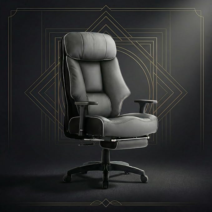 Big and Tall Office Chair 400lbs, Premium PU Leather Executive Chair with Extra Wide Saddle Seat for Cross Legged, 3D Armrests, Footrest, Heavy Duty Ergonomic Reclining Desk Chair (Grey)