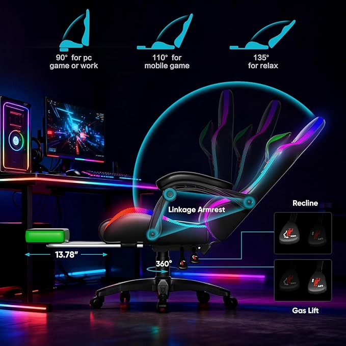 Czlolo Gaming Chair, Racing Style RGB LED Lights Gaming Chairs for Adults and Kids, Lumbar Massager Gamer Chair, High Back Reclining Computer Chair with Footrest and Headrest (Black/Green)