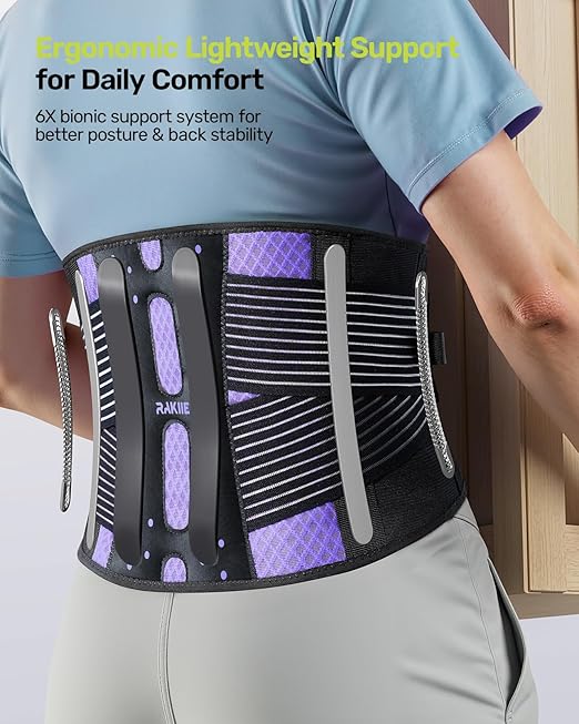 Rakiie Slim Back Brace for Lower Back Pain Relief, Lightweight & Breathable Back Support Brace for Men Women, Ergonomic Light Lumbar Support for Everyday Wear, Purple XL