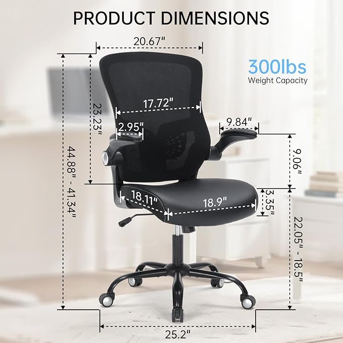 Office Chair, Ergonomic Desk Chair with Adjustable Lumbar Support Breathable Mesh Computer Swivel Chair with Flip up Armrests & PU Leather Cushion, Comfy Task Chair for Home Office, Black