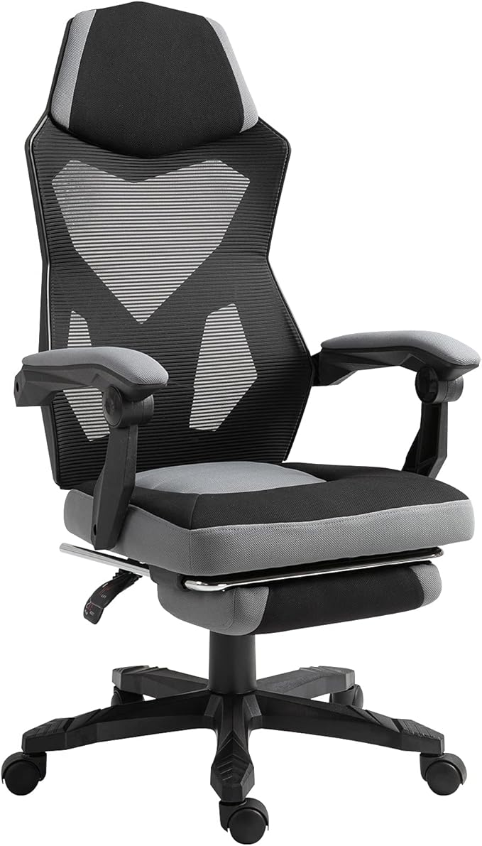 Vinsetto Ergonomic Home Office Chair High Back Armchair Computer Desk Recliner with Footrest, Mesh Back, Lumbar Support and Wheels, Grey