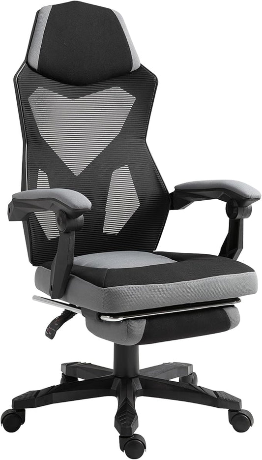 Vinsetto Ergonomic Home Office Chair High Back Armchair Computer Desk Recliner with Footrest, Mesh Back, Lumbar Support and Wheels, Grey