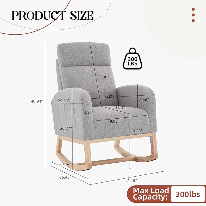 Nursery Rocking Chair, Comfy Modern Glider Rocking Chair with High Backrest and Armrest, Teddy Upholstered Rocking Accent Chair with Side Pockets for Living Room, Bedroom, Office,Gray