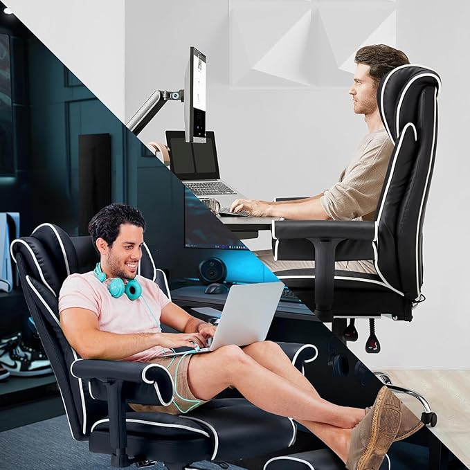 HOMREST 6-Point Massage Office Chair with Heat, Heated Reclining Executive Desk Chair with 155°Tilt Adjustable Armrests, Ergonomic High Back Computer Chair for Home Office, Black and White