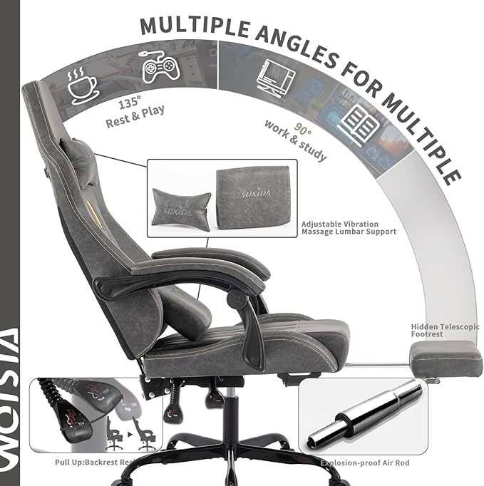 Gaming Chair with Footrest Ergonomic Computer Chair Massage Lumbar Cushion, Racing Video Game Chair Adjustable Rocker Recliner Executive Office Desk Chair Pu Leather for Adults
