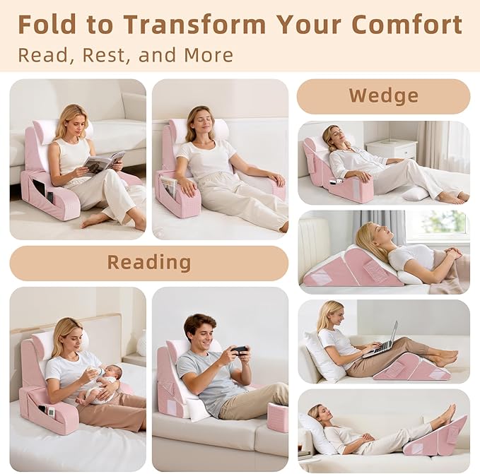 5PCS Reading Pillow for Sitting in Bed Adult, 2 in 1 Foldable Back Wedge Pillow for Sleep, Ergonomic Back Support Pillow with Arms for Watching TV, Gaming, Working, Recovery, 19” Pink