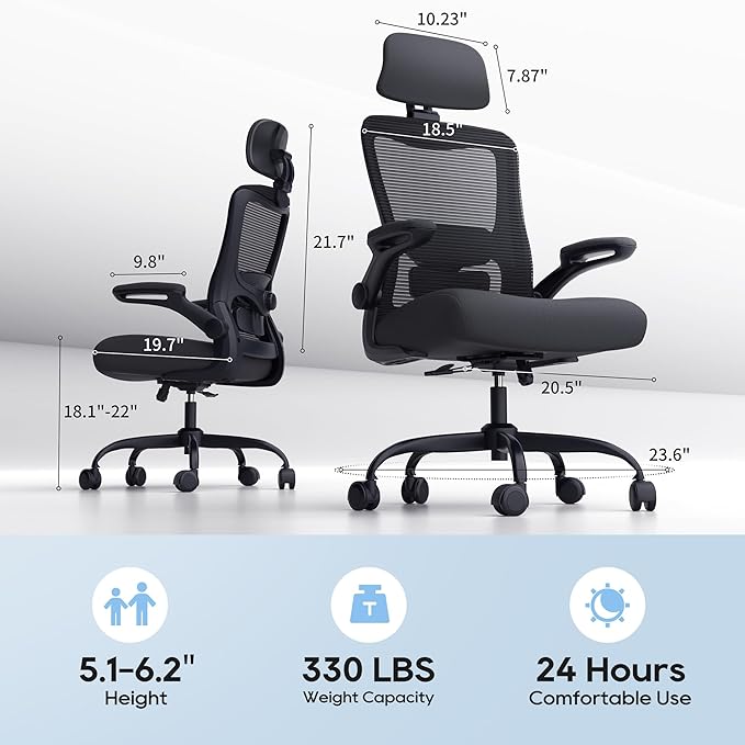 Office Chair, Ergonomic Mesh Desk Chair with Adjustable Lumbar Support and Headrest, Flip-up Armrests, High Back Computer Task Chair for Home and Executive Office (B-All Black)