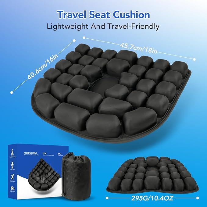 Inflatable Seat Cushion, 34 Air Cell Travel Seat with Upgraded Air Nozzle for Hemorrhoid and Tailbone Pain Relief, Portable Airplane Seat Cushion for Car, Office Chairs & Home Living