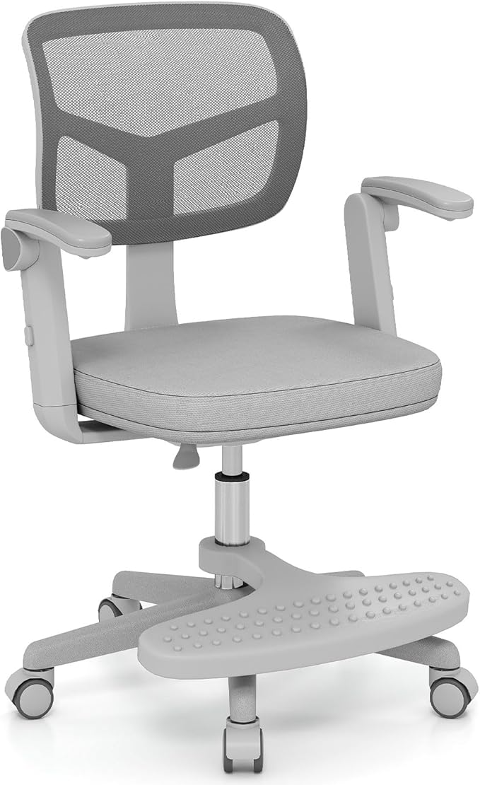 Giantex Kids Desk Chair, Ergonomic Adjustable Student Rolling Chair with Footrest & Flip-up Armrest, Mesh Children Office Chair with Universal Wheels, Kids Computer Chair for Boys & Girls, Grey