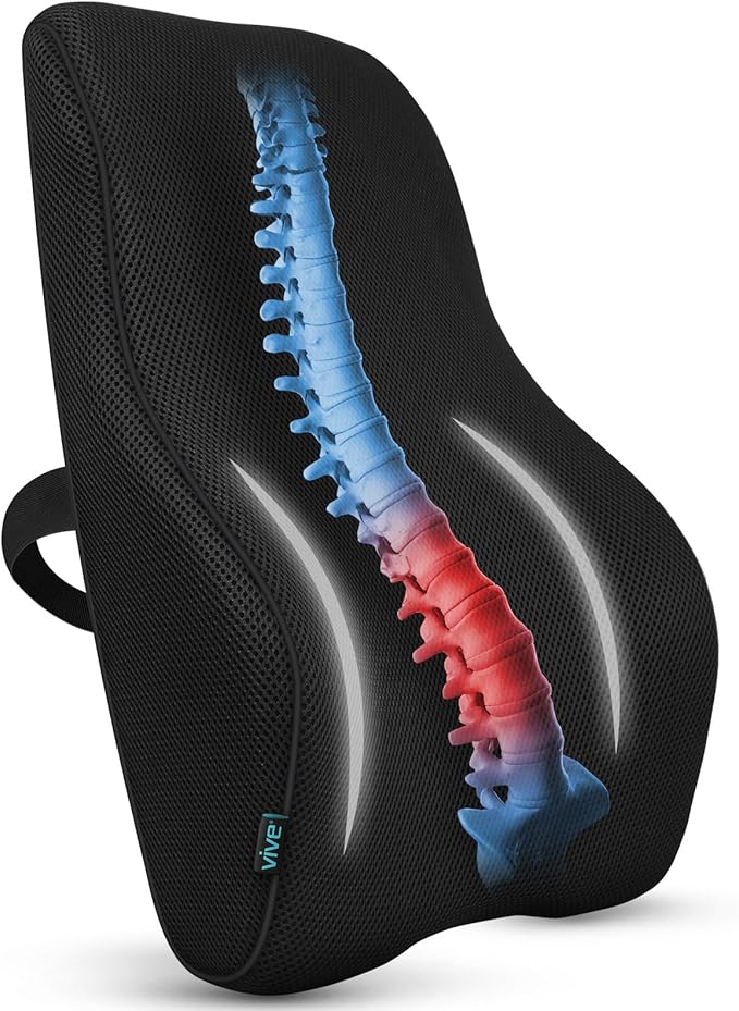 Vive Full Lumbar Cushion - Memory Foam Contour Support for Lower Back Pain - Ergonomic Pressure Relief for Office Chair, Car - Large Mesh Orthopedic Seat Backrest Roll for Improving Posture (Black)
