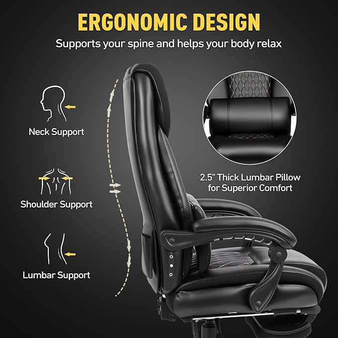 3D Kneading Massage Office Chair with Heat, 500 lbs Big and Tall Executive Computer Desk Recliner, Leather Electric Heated Chair with Footrest, Black