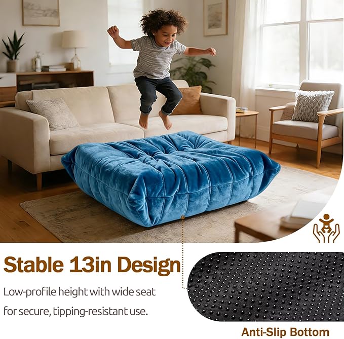 Trenda Extra Large 29.5"x27.5" Velvet Ottoman - Soft Foot Rest, Bean Bag Chair Compatible Accent Ottoman, Independent Use Extra Seat for Living Room Bedroom (Blue)