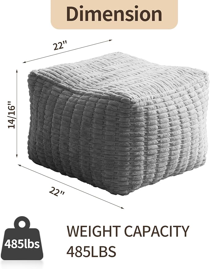 Pouf Ottoman, Soft Corduroy Pouf, Poofy Ottoman Foot Rest，Poufs for Adults, Poofs & Ottomans Furniture, Floor Poof-Chair for Living Room & Bedroom(1PC, Light Grey, 22"×22"×14")