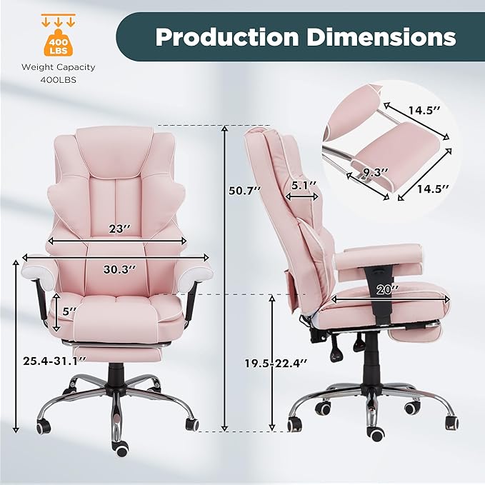 HOMREST Pink Ergonomic Office Chair with 6-Point Vibration Massage & Heat – Reclining Executive Chair with Adjustable Footrest and Armrests, PU Leather Big and Tall Home Office Desk Chair
