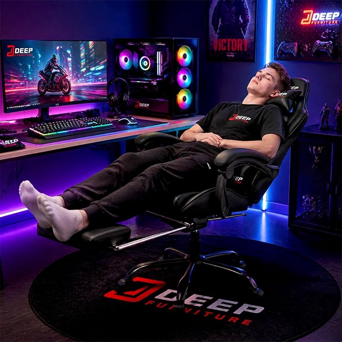 Gaming Chair with Footrest, Ergonomic Game Chair with Lumbar Support and Linkage Armrest, Reclining Computer Chair Height Adjustable for Home Office (1001-Black)