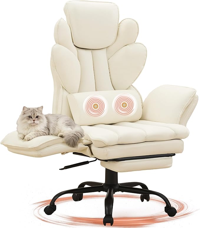 Big and Tall Office Chair, Flip Armrests Criss Cross Office Chair, Reclining Desk Chair with Foot Rest, Adjustable Headrest, Massage Waist Pillow Cross Legged Wide Seat Vanity Chair, PU Leather White