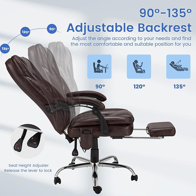 HOMREST 6-Point Massage Office Chair,Heated Executive Ergonomic Home Office Desk Chair with Foot Rest Retractable Height Adjustable Armrest & Lumbar Support PU Leather Brown