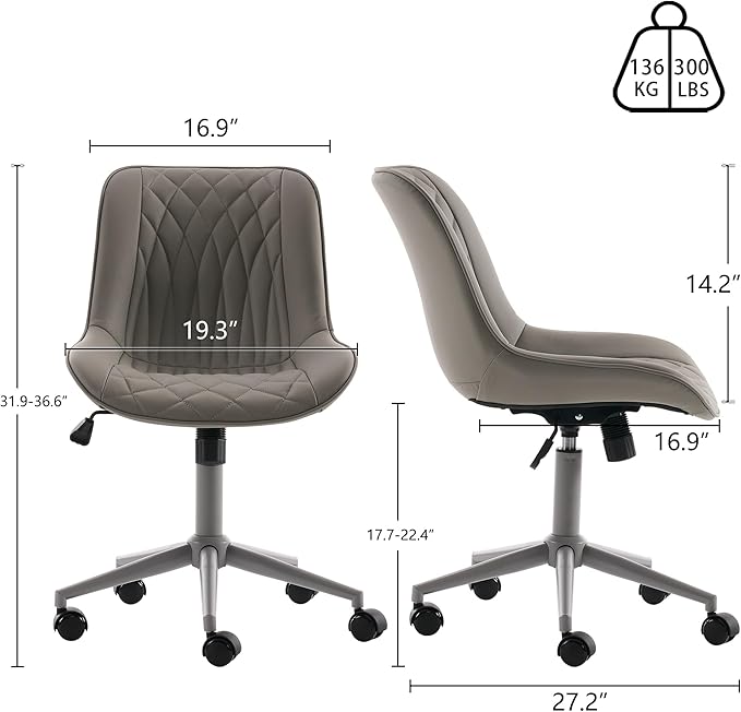 YOUNIKE Grey Faux Leather Ergonomic Office Chair Armless Comfy Desk Chair with Rocking Back Cute Swivel Vanity Chair with Wheels Height Adjustable Small Computer Task Chair for Sewing Drafting