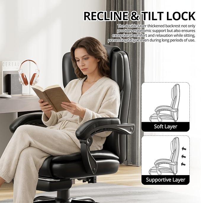 350lbs Big and Tall Executive Office Chair with Footrest, Reclining High Back Leather Desk Chair, Wide Seat with Pocket Spring Lumbar Support and Pillow, Ergonomic Computer Chair for Home Office Black