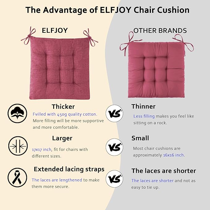 ELFJOY Rocking Chair Cushion Large Rocking Chair Pads with Ties Premium Linen High Back and Seat Cushion 2 Piece Set (Linen Rose Red)