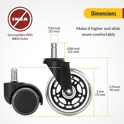HOLKIE Office Chair Wheels - Universal Fit 3 Inch Rollerblade Casters - Safe for Hardwood Carpet Floors - Heavy Duty Rubber Replacement for Gaming Chairs - Smooth, Silent Glide - Set of 15