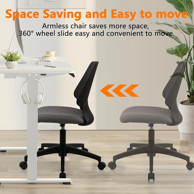 CLATINA Armless Home Office Chair, Ergonomic Small Desk Chair with Wheels and Soft Thick Upholstered Cushion, Comfy Adjustable Height Swivel Computer Task Chair for Conference Waiting, Black, 2Pack