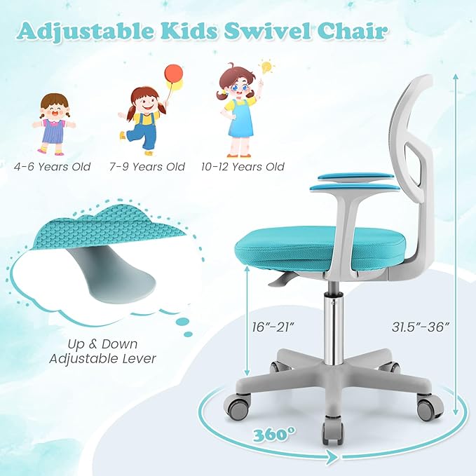 Giantex Kids Desk Chair, Ergonomic Adjustable Teen Task Chair w/Y-Shaped Lumbar Support, Armrest & Universal Wheels, Mesh Kid Office Chair for Sturdy, Kids Computer Chair for Boy Girl 4-12, Turquoise