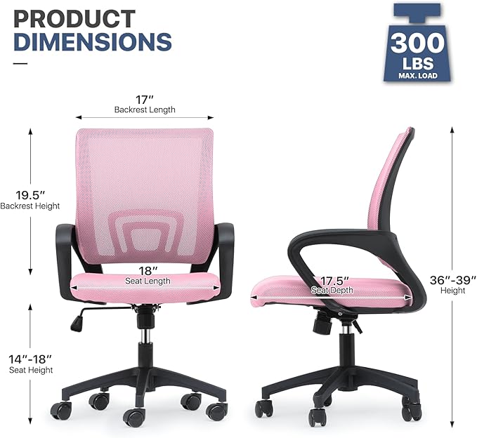 MoNiBloom Mesh Office Chair, Ergonomic Computer Chair for Adults, Rolling Swivel Mid-Back Desk Chair with Lumbar Support, Comfy Armrest for Home Office, Gaming, Pink 10 Pack
