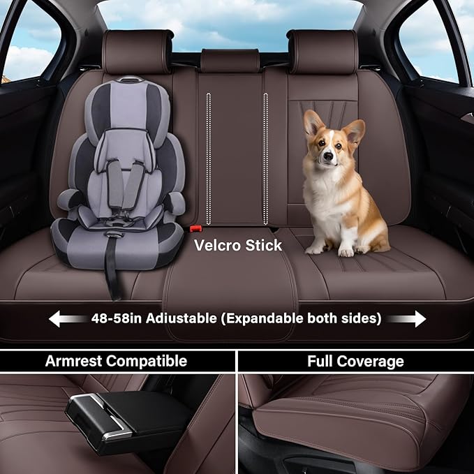 Coverado Car Seat Covers Full Set, 5 Piece Car Seat Protector with Lumbar Support & Removable Headrest, Breathable Leather Front Rear Seat Cushion Universal Fit for Truck Automotive Brown