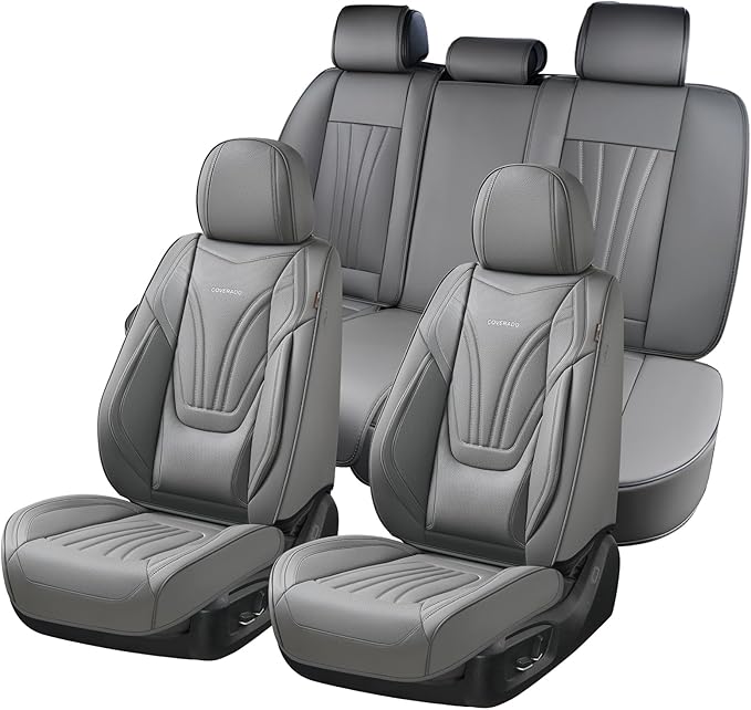 Coverado Car Seat Covers Full Set, 5 Piece Car Seat Protector with Lumbar Support & Removable Headrest, Breathable Leather Front Rear Seat Cushion Universal Fit for Truck Automotive Gray