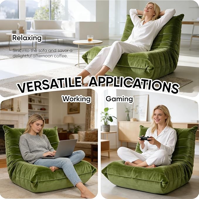Trenda Bean Bag Chairs for Adults - Comfy High-Density Foam Fireside Chair, Adult Size, Soft Dutch Velvet Cover Beanbag Couch, Versatile for Living Room, Bedroom, Dorm, Reading & Gaming (Green)