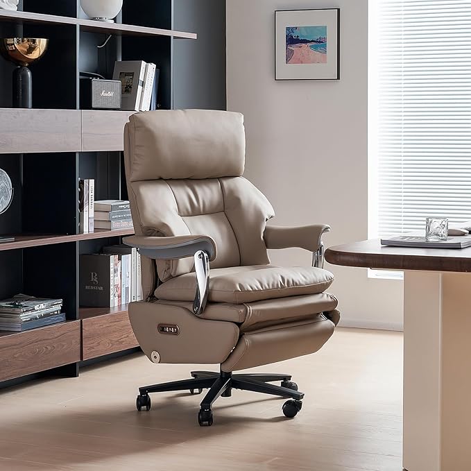 EMIAH Ergonomic Office Chair with Foot Rest Electric Executive Office Chair Reclining with Massage Big and Tall High Back Computer Chair with Wheels, Sustainable Leather（Light Khaki）