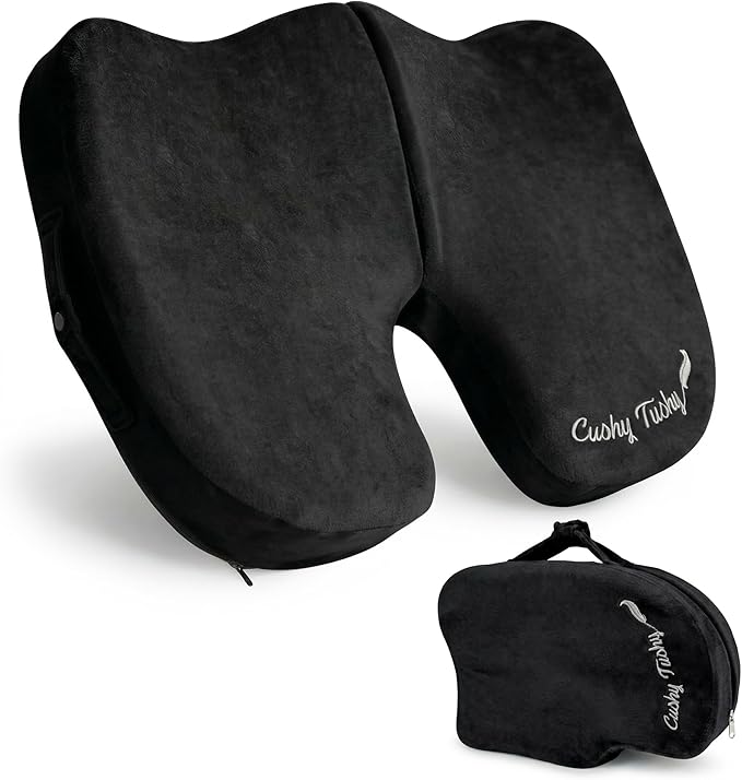 Cushy Tushy Premium Slim Foldable Travel Seat Cushion - for Relief of Lower Back, Sciatic, Butt and Tailbone Pain - for Home & Office Use, Perfect for Travel or Driving - Slim Coccyx Cushion - Black