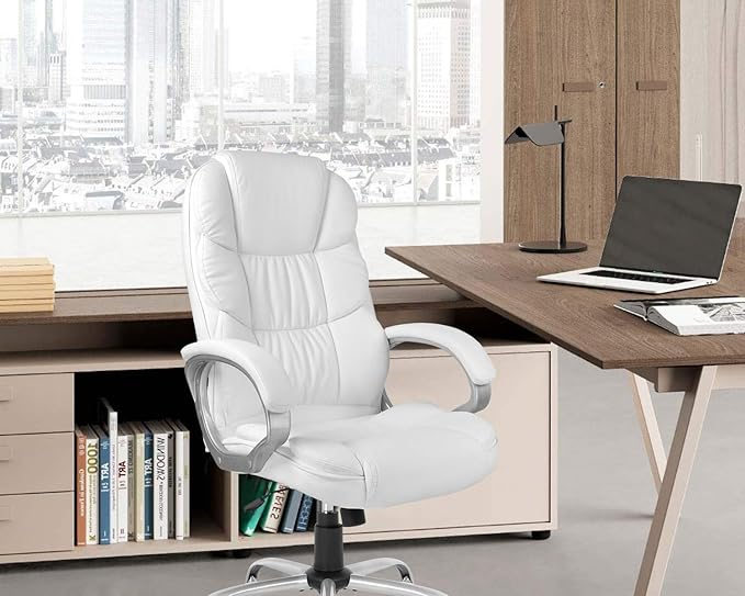 Office Chair Computer High Back Adjustable Ergonomic Desk Chair Executive PU Leather Swivel Task Chair with Armrests Lumbar Support (White)