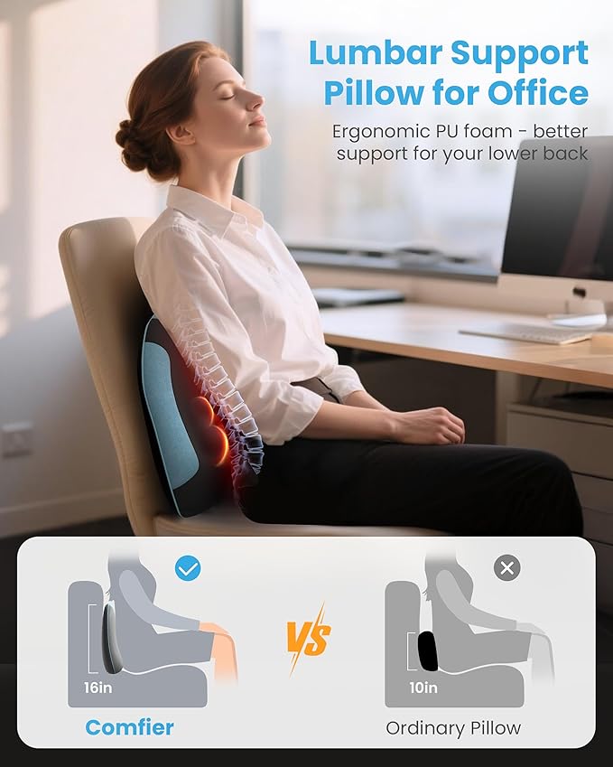 COMFIER Cordless Lumber Support Pillow for Office Chair, Lower Back Massager with Heat, Shiatsu Back Support Cushion, Rechargeable & Portable for Office, Home Use, Gift for Women
