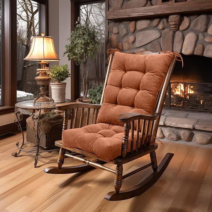 Lokex Rocking Chair Cushion Only,Tufted Non-Slip Comfortable Rocking Chair Cushions Indoor with Ties,Striped Rocking Chair Pads (Brown-S2064-6, 21x17/17x17)